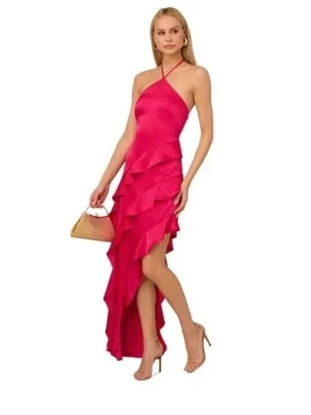 Adrianna Papell Geraniu Pink Halter-Neck Ruffled Satin High-Low Gown